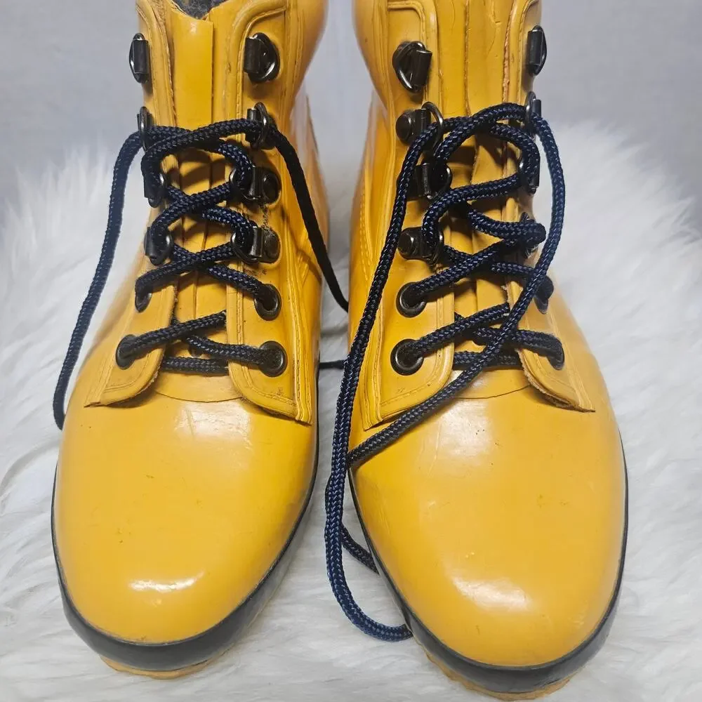 Vintage Eddie Bauer Yellow Rain Boots Fleece Lined Lace Up Winter Duck Boots 7